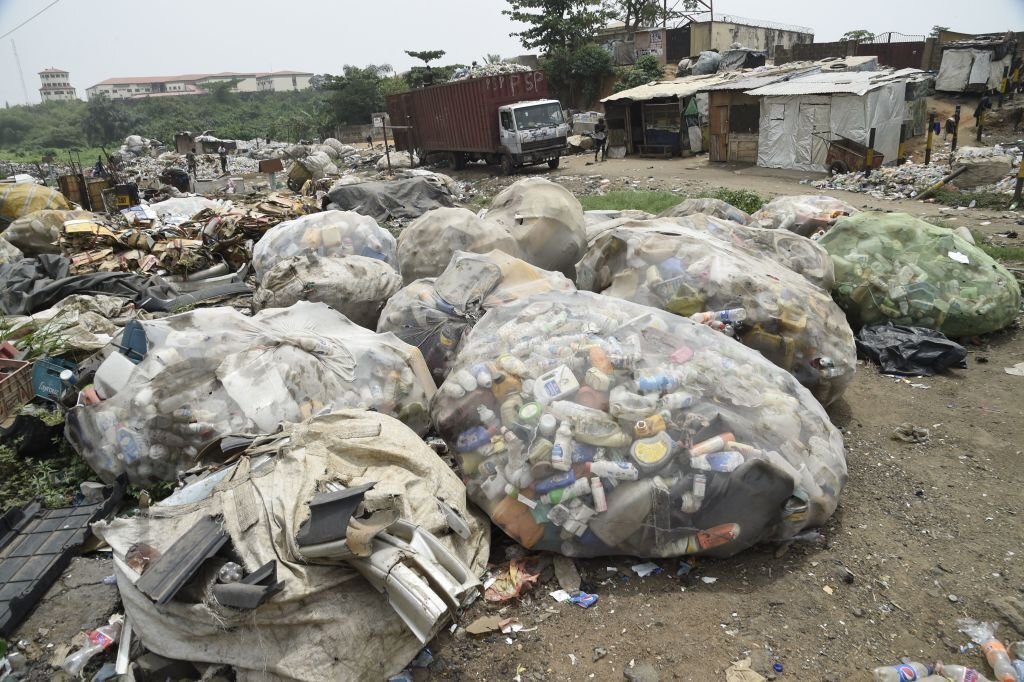 Bags loaded with plastic waste at Kara, Ibafo, Ogun State in southwest Nigeria, on April 1, 2021. - The sprawling neighbouring Lagos megacity of 20 million people produces between 13,000 and 15,000 tons of waste per day, including 2,250 0f plastics,according to the Lagos-based recycling sart-up Wecyclers. (Photo by PIUS UTOMI EKPEI / AFP) (Photo by PIUS UTOMI EKPEI/AFP via Getty Images)